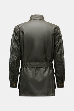 Belstaff Wachsjacke 'Trialmaster' dark olive von hinten, gewachste, wasserabweisende Baumwolle, Taillengürtel, verstärkte Schultern und Ellenbogen, Slim Fit.