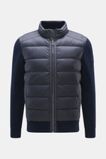 Front view of Belstaff Down knit jacket 'Compound' navy with quilted microfiber front, pure wool knit sleeves, stand-up collar, and zipper.

Description: <p>Soft patent knit made of pure wool, combined with a pleasantly light down quilted front – BELSTAFF