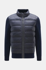 Front view of Belstaff Down knit jacket 'Compound' navy with quilted microfiber front, pure wool knit sleeves, stand-up collar, and zipper.

Description: <p>Soft patent knit made of pure wool, combined with a pleasantly light down quilted front – BELSTAFF