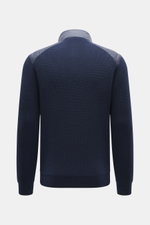 Back view of Belstaff Down knit jacket 'Compound' navy with soft patent knit pure wool body, quilted microfiber shoulders, and slim fit.

Description for detailed content:  
<p>Soft patent knit made of pure wool, combined with a pleasantly light down quil