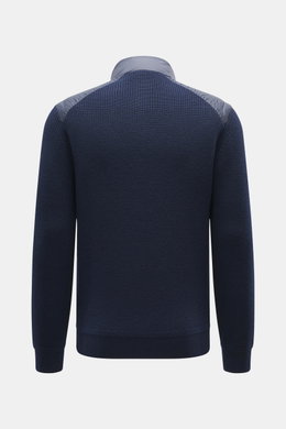Back view of Belstaff Down knit jacket 'Compound' navy with soft patent knit pure wool body, quilted microfiber shoulders, and slim fit.

Description for detailed content:  
<p>Soft patent knit made of pure wool, combined with a pleasantly light down quil