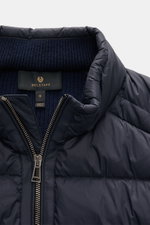 Belstaff Down knit jacket 'Compound' navy shown close-up from the front top, featuring soft pure wool patent knit, quilted microfiber front with light down filling, robust zipper, stand-up collar with rib knit inner side. <p>Soft patent knit made of pure 