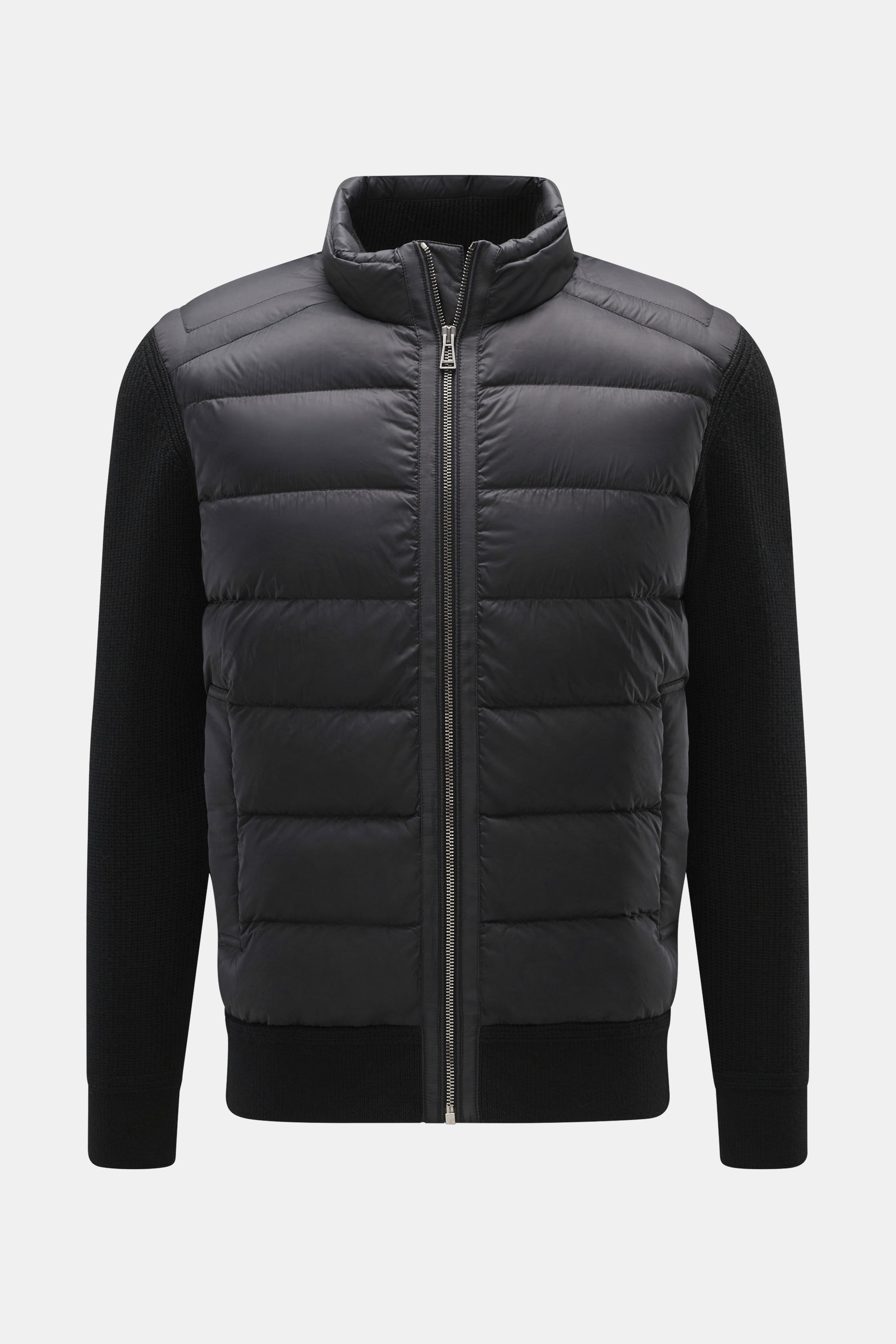 Front view of Belstaff Down knit jacket 'Compound' black with soft patent knit wool sleeves, quilted microfiber front, slim fit, zipper, stand-up collar.