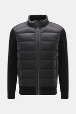 Front view of Belstaff Down knit jacket 'Compound' black with soft patent knit wool sleeves, quilted microfiber front, slim fit, zipper, stand-up collar.