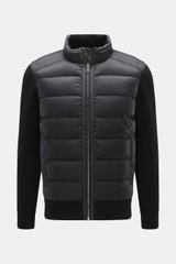 Front view of Belstaff Down knit jacket 'Compound' black with soft patent knit wool sleeves, quilted microfiber front, slim fit, zipper, stand-up collar.