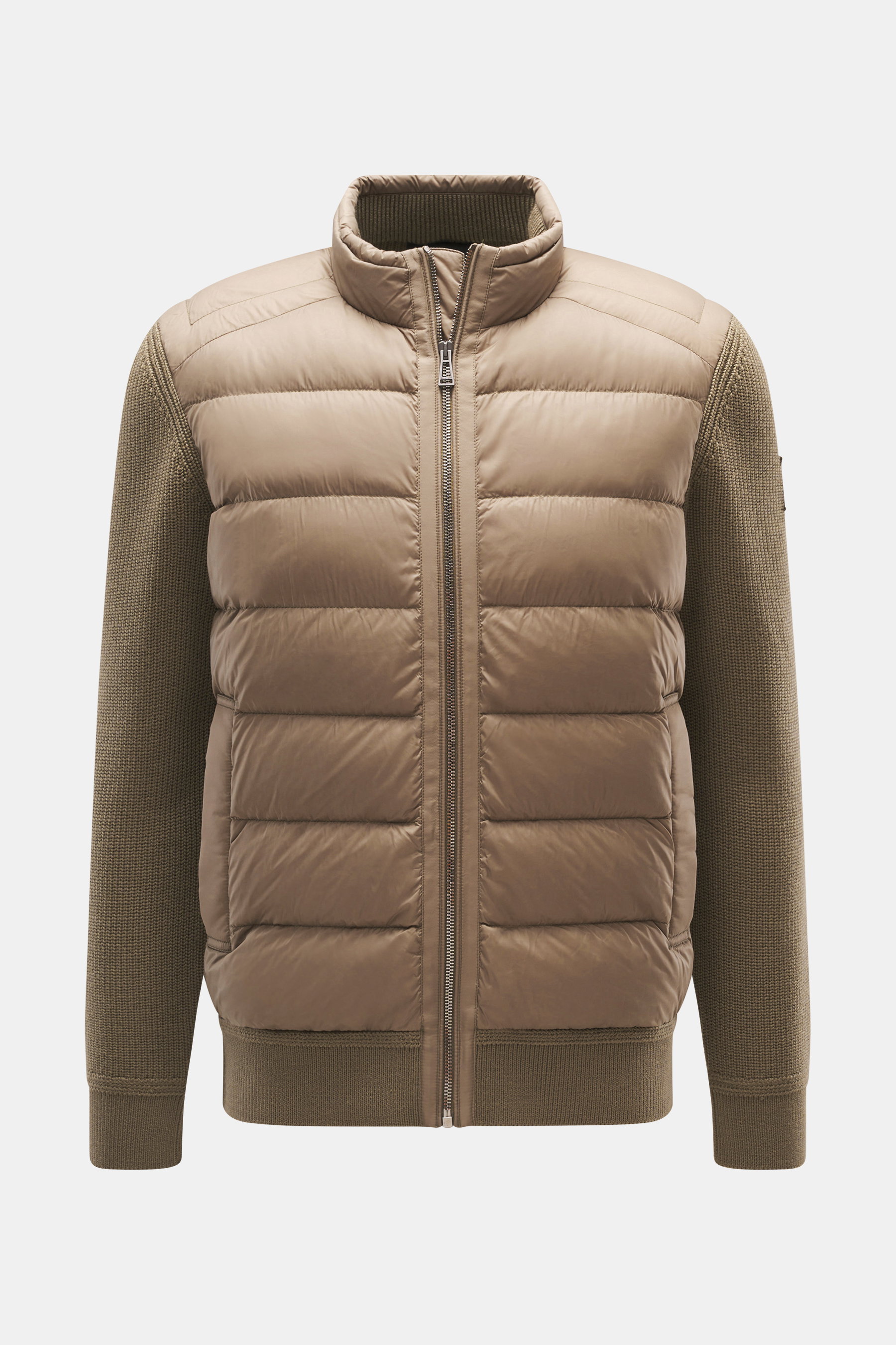 Front view of Belstaff Down knit jacket 'Compound' khaki with soft pure wool patent knit sleeves and back, quilted microfiber front with light down filling, slim fit, robust zipper, stand-up collar with rib knit inner side, welt pockets with snap button, 