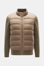 Front view of Belstaff Down knit jacket 'Compound' khaki with soft pure wool patent knit sleeves and back, quilted microfiber front with light down filling, slim fit, robust zipper, stand-up collar with rib knit inner side, welt pockets with snap button, 