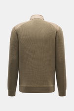 Belstaff Down knit jacket 'Compound' khaki shown from the back, featuring soft patent knit pure wool, light down quilted front, slim fit, ribbed cuffs, and stand-up collar with rib knit inner side.