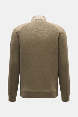 Belstaff Down knit jacket 'Compound' khaki shown from the back, featuring soft patent knit pure wool, light down quilted front, slim fit, ribbed cuffs, and stand-up collar with rib knit inner side.
