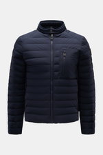 Front view of Belstaff Down jacket 'Chassis' navy, lightweight down, water repellent slim fit with standing collar, zip pockets, and smooth microfiber fabric.