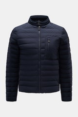 Front view of Belstaff Down jacket 'Chassis' navy, lightweight down, water repellent slim fit with standing collar, zip pockets, and smooth microfiber fabric.