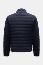 Belstaff Down jacket 'Chassis' navy shown from the back, featuring high-quality microfibre, elasticated fabric, smooth feel, lightweight down lining, water repellent, slim fit, robust zip, standing collar with snap button tab, BELSTAFF woven label on slee