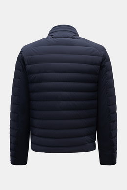 Belstaff Down jacket 'Chassis' navy shown from the back, featuring high-quality microfibre, elasticated fabric, smooth feel, lightweight down lining, water repellent, slim fit, robust zip, standing collar with snap button tab, BELSTAFF woven label on slee