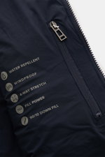 Close-up front view of the Belstaff Down jacket 'Chassis' navy, showing the water repellent fabric, robust zip, and smooth texture. Indispensable outdoor must-have in casual BELSTAFF style: The lightweight down jacket 'Chassis' offers unlimited functional