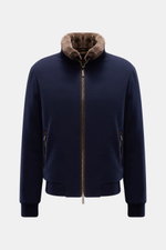 Front view of Moorer Down blouson 'Bellati' navy, slim fit with blend of wool and cashmere, knitted outside, lightweight down lining, two-way zip, slim standing collar with detachable shearling trim, zip front pockets, elasticated cuffs and hem, smooth li