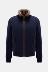 Front view of Moorer Down blouson 'Bellati' navy, slim fit with blend of wool and cashmere, knitted outside, lightweight down lining, two-way zip, slim standing collar with detachable shearling trim, zip front pockets, elasticated cuffs and hem, smooth li