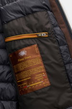 Close-up interior view of the Moorer Down blouson 'Bellati' navy showcasing smooth lining, zippered inside pocket, and label details. Blend of wool and cashmere, knitted outside, lightweight down lining, slim fit, two-way zip, slim standing collar, detach