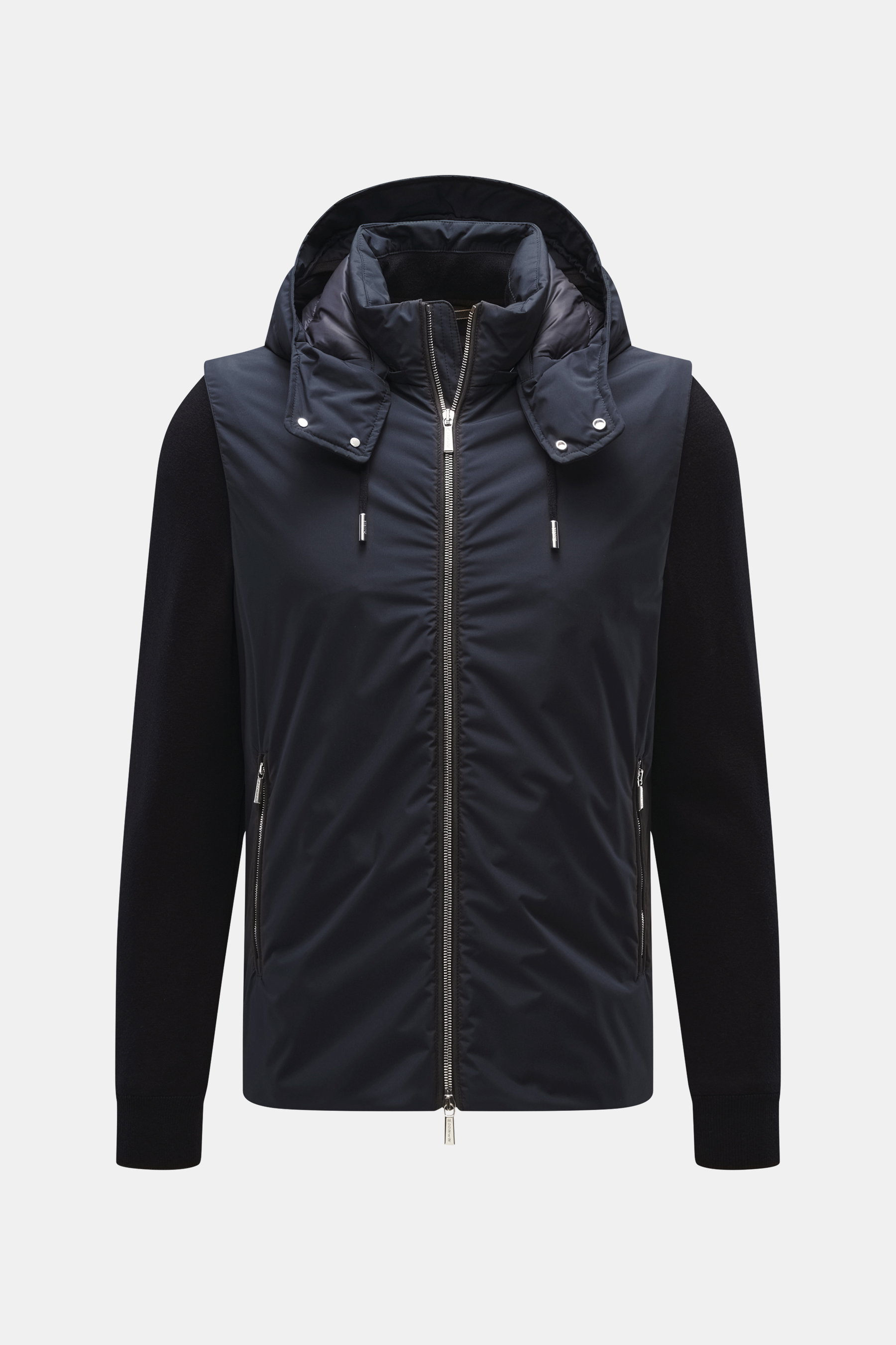 Front view of Moorer Down Jacket 'Evan' navy with knit elastic cotton sleeves, fine knit pattern, high-quality microfiber body, light down filling, detachable hood and sleeves, two-way zipper, rib-knit stand-up collar, slanted zipper pockets, discreet MOO