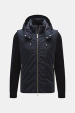 Front view of Moorer Down Jacket 'Evan' navy with knit elastic cotton sleeves, fine knit pattern, high-quality microfiber body, light down filling, detachable hood and sleeves, two-way zipper, rib-knit stand-up collar, slanted zipper pockets, discreet MOO