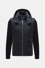Front view of Moorer Down Jacket 'Evan' navy with knit elastic cotton sleeves, fine knit pattern, high-quality microfiber body, light down filling, detachable hood and sleeves, two-way zipper, rib-knit stand-up collar, slanted zipper pockets, discreet MOO