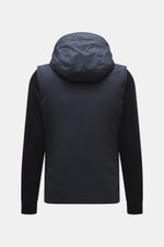 Moorer Down Jacket 'Evan' navy shown from the back, knit from elastic cotton with fine knit pattern, body made of high-quality microfiber, smooth touch, light down filling, slim fit, detachable hood and sleeves, two-way zipper, rib-knit stand-up collar, s