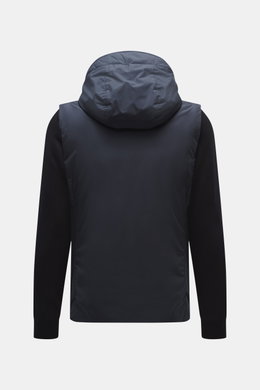 Moorer Down Jacket 'Evan' navy shown from the back, knit from elastic cotton with fine knit pattern, body made of high-quality microfiber, smooth touch, light down filling, slim fit, detachable hood and sleeves, two-way zipper, rib-knit stand-up collar, s