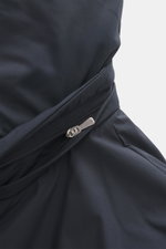 Close-up front angle of the Moorer Down Jacket 'Evan' navy showing the two-way zipper, knit from elastic cotton with fine knit pattern, body made of high-quality microfiber with smooth touch, light down filling, slim fit, detachable hood and sleeves, rib-