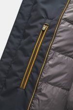 Close-up interior view of the Moorer Down Jacket 'Evan' navy showing the two-way zipper with yellow trim, smooth microfiber body, fine knit pattern, light down filling, rib-knit collar, slanted zipper pocket, discreet MOORER woven label, smooth lining fab