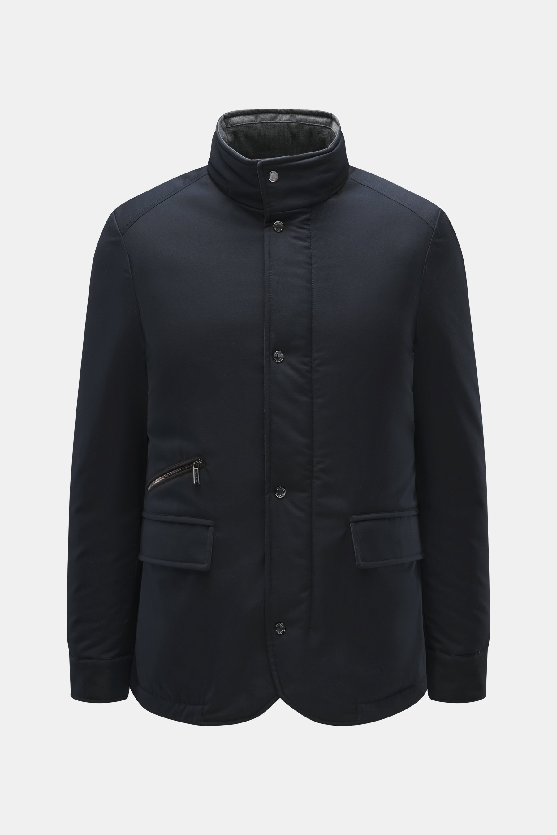 Moorer Down Jacket 'Pagni' navy shown from the front, featuring high-quality microfiber, soft touch, warm down filling, water-repellent, Slim Fit, stand-up collar with snap button, two-way zipper, hidden hood, wind flap with snap buttons, angled zipper po