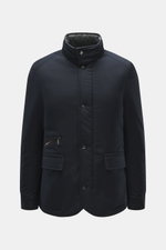 Moorer Down Jacket 'Pagni' navy shown from the front, featuring high-quality microfiber, soft touch, warm down filling, water-repellent, Slim Fit, stand-up collar with snap button, two-way zipper, hidden hood, wind flap with snap buttons, angled zipper po
