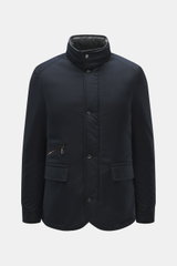 Moorer Down Jacket 'Pagni' navy shown from the front, featuring high-quality microfiber, soft touch, warm down filling, water-repellent, Slim Fit, stand-up collar with snap button, two-way zipper, hidden hood, wind flap with snap buttons, angled zipper po