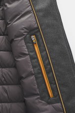 Close-up inside view of the Moorer Down Jacket 'Pagni' navy showing high-quality microfiber lining, warm down filling, and angled inner pocket with zipper.