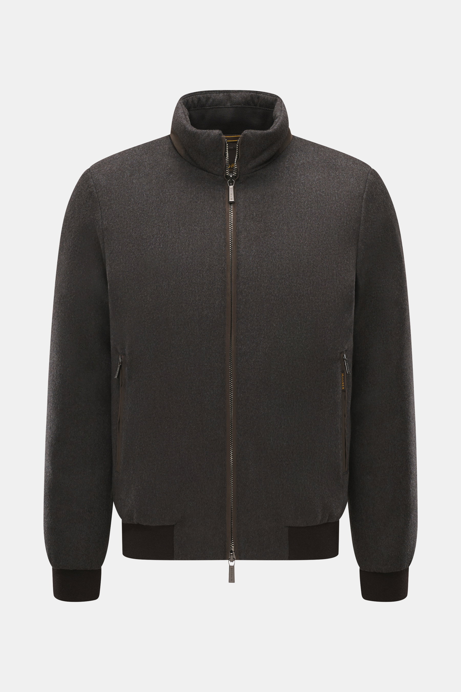 Moorer Down blouson 'Donizetti' grey melange shown front view, slim fit knit from virgin wool-cashmere with down filling, stand-up collar with leather detail, two-way zipper, concealed front and inner zip pockets, elastic rib cuffs, and quilted lining. Hi