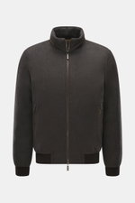 Moorer Down blouson 'Donizetti' grey melange shown front view, slim fit knit from virgin wool-cashmere with down filling, stand-up collar with leather detail, two-way zipper, concealed front and inner zip pockets, elastic rib cuffs, and quilted lining. Hi