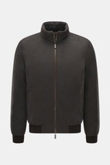 Moorer Down blouson 'Donizetti' grey melange shown front view, slim fit knit from virgin wool-cashmere with down filling, stand-up collar with leather detail, two-way zipper, concealed front and inner zip pockets, elastic rib cuffs, and quilted lining. Hi