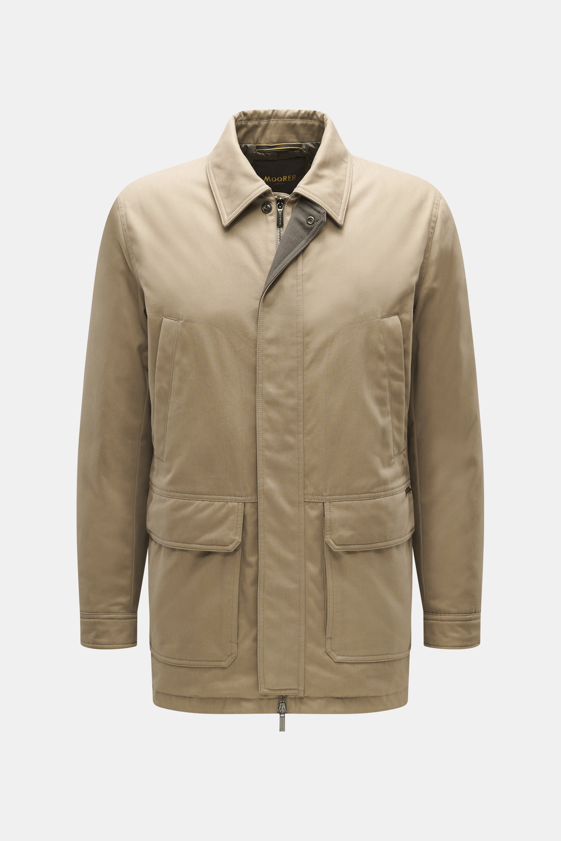 Front view of Moorer Daunenjacke 'Nobile' dunkelbraun, a slim-fit, water-repellent city jacket with elastic microfiber, double-front zipper, three-button style, variable collar, flap hip pockets, back slit with snap buttons, smooth lining, light down fill