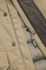 Close-up front detail of Moorer Daunenjacke 'Nobile' dunkelbraun showing water-repellent elastic microfiber, smooth grip, double-front zipper, snap buttons, and lining from a flat lay perspective.
