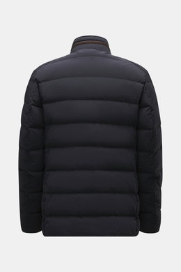 Rear view of Moorer Daunenjacke 'Pagni' navy down jacket with padded horizontal quilting and high stand collar, made of microfiber and warm down filling.