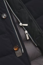 Close-up front view of Moorer Daunenjacke 'Pagni' navy showing silver two-way zipper, button, leather label, and smooth microfiber fabric.