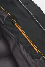 Close-up inside view of the Moorer Daunenjacke 'Pagni' navy showing the smooth lining, orange zipper pocket with "M" logo, and black microfiber fabric.