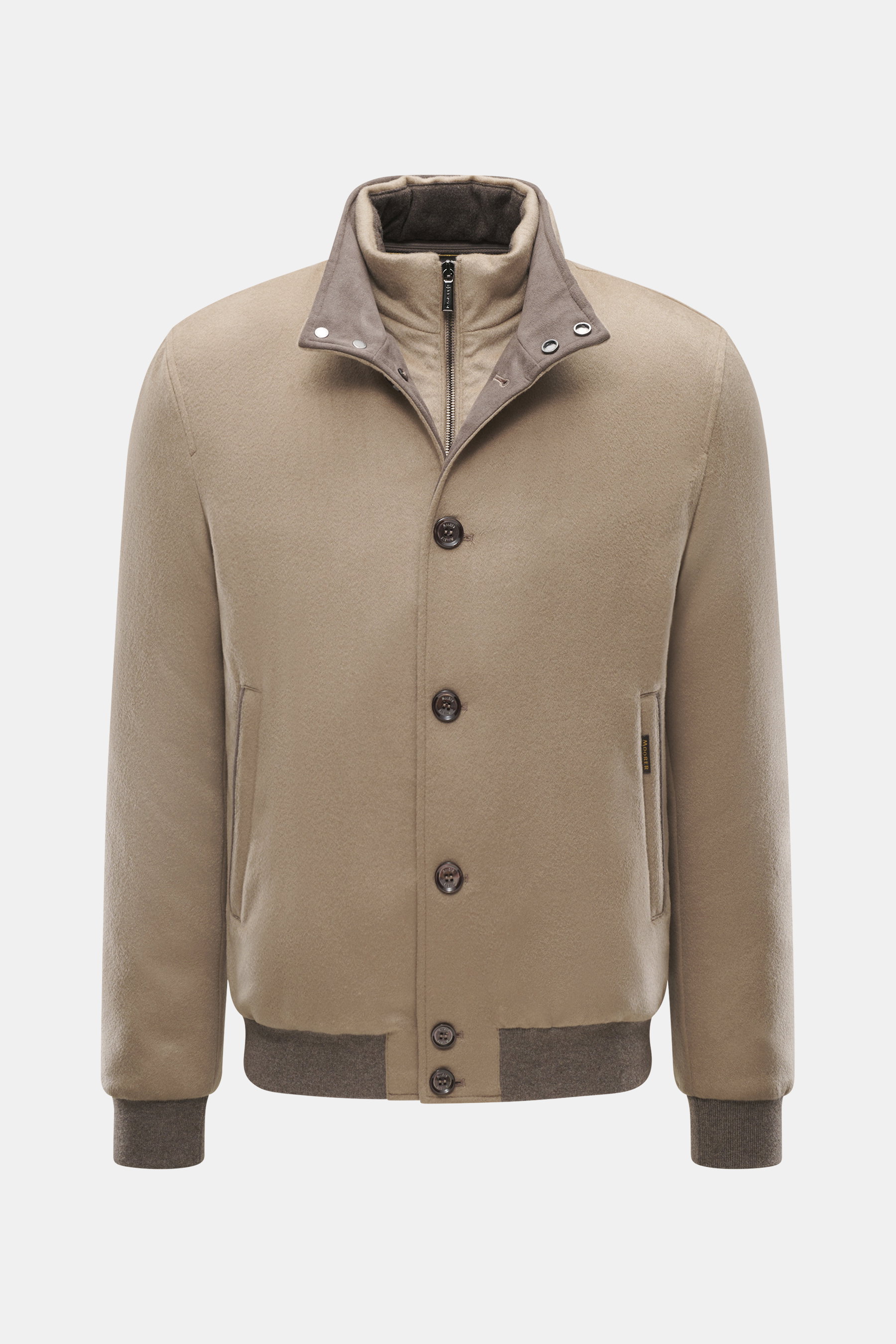 Moorer Cashmere down blouson 'Janos' beige shown front view, featuring pure cashmere, warm down filling, removable double front, stand-up collar with snap buttons, ribbed cuffs, velour leather trim, six-button placket, slanted welt pockets with zipper, di