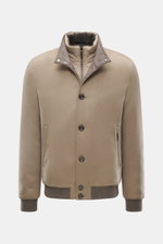 Moorer Cashmere down blouson 'Janos' beige shown front view, featuring pure cashmere, warm down filling, removable double front, stand-up collar with snap buttons, ribbed cuffs, velour leather trim, six-button placket, slanted welt pockets with zipper, di