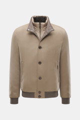 Moorer Cashmere down blouson 'Janos' beige shown front view, featuring pure cashmere, warm down filling, removable double front, stand-up collar with snap buttons, ribbed cuffs, velour leather trim, six-button placket, slanted welt pockets with zipper, di