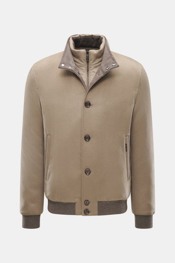 Moorer Cashmere down blouson 'Janos' beige shown front view, featuring pure cashmere, warm down filling, removable double front, stand-up collar with snap buttons, ribbed cuffs, velour leather trim, six-button placket, slanted welt pockets with zipper, di