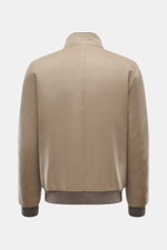 Rear view of Moorer Cashmere down blouson 'Janos' beige, slim fit with stand-up collar, ribbed cuffs, and soft pure cashmere fabric.