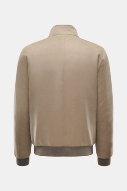 Rear view of Moorer Cashmere down blouson 'Janos' beige, slim fit with stand-up collar, ribbed cuffs, and soft pure cashmere fabric.
