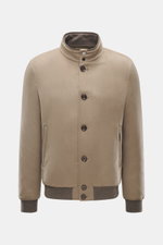 Front view of Moorer Cashmere down blouson 'Janos' beige, slim fit with pure cashmere, warm down filling, six-button placket, removable double front, stand-up collar with snap buttons, velour leather trim, slanted welt pockets with zipper, ribbed cuffs, t