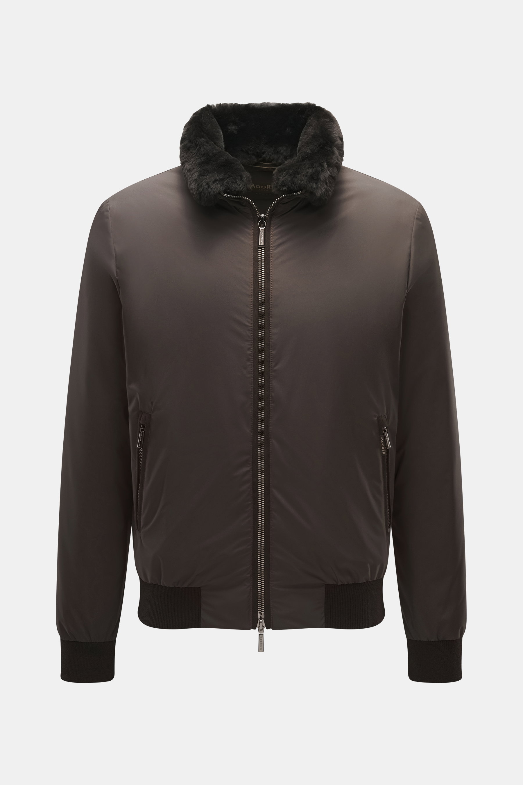 Front view of Moorer Down Blouson 'Billati' dark brown, lightweight microfiber with slim fit, water-repellent, down filling, hood in collar, lambskin-trimmed stand-up collar, two-way zipper, zippered pockets, elastic cuffs, flexible hem, ripstop lining, a