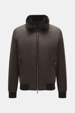 Front view of Moorer Down Blouson 'Billati' dark brown, lightweight microfiber with slim fit, water-repellent, down filling, hood in collar, lambskin-trimmed stand-up collar, two-way zipper, zippered pockets, elastic cuffs, flexible hem, ripstop lining, a