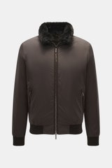 Front view of Moorer Down Blouson 'Billati' dark brown, lightweight microfiber with slim fit, water-repellent, down filling, hood in collar, lambskin-trimmed stand-up collar, two-way zipper, zippered pockets, elastic cuffs, flexible hem, ripstop lining, a